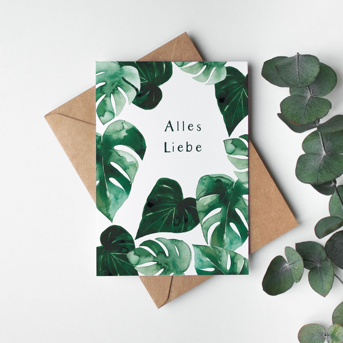 Paperlandscape | Aquarell Grußkarte "Alles Liebe Monstera" | botanische Illustration | Tropische Pflanzen Karte