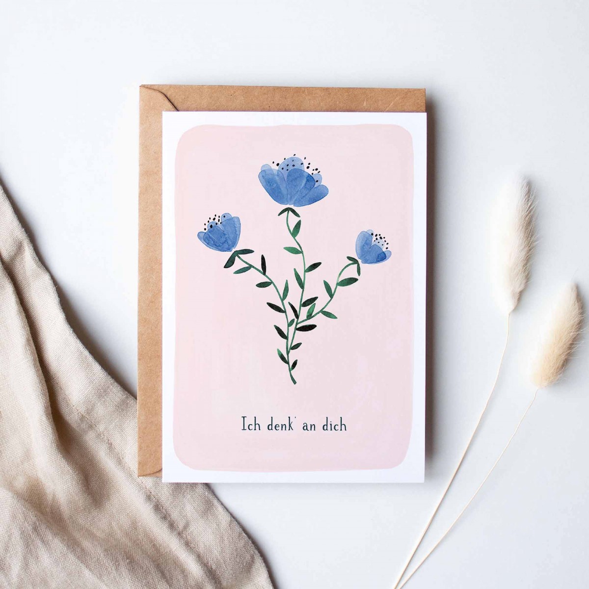 Paperlandscape | Faltkarte "Ich denk' an dich" | botanisch | Pflanzen | Aquarell Wildblume blau