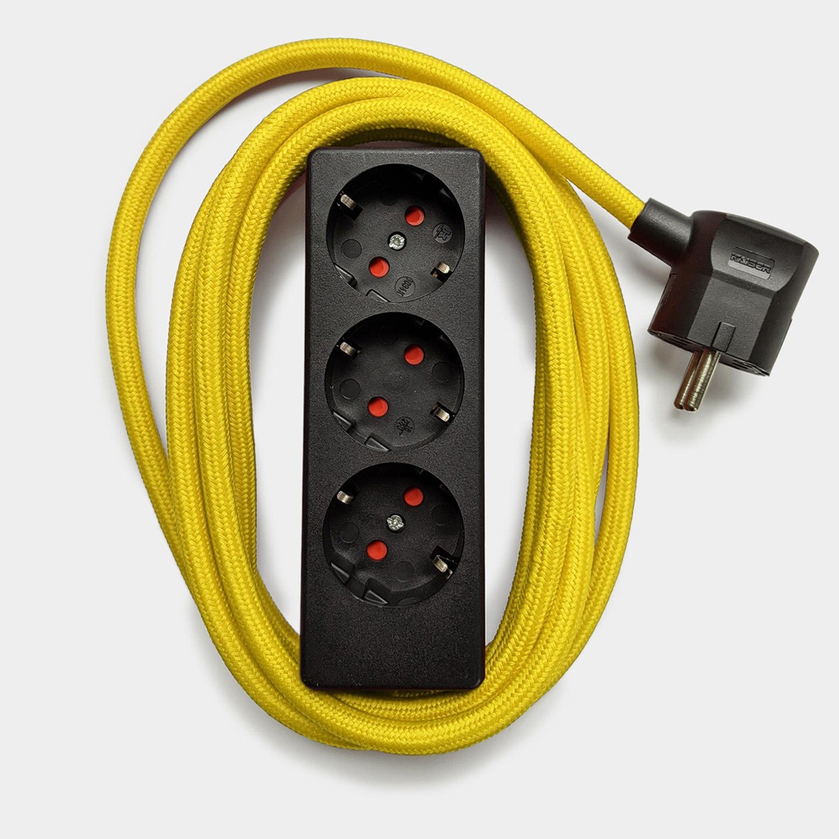 Njustudio schwarze Steckerleiste mit 3m Textilkabel (yellow)