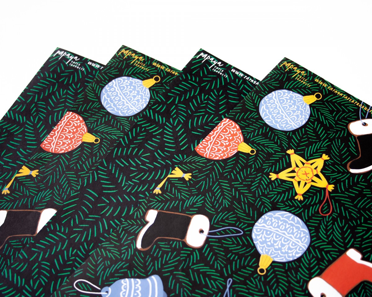 4er Set Geschenkpapier Tannengrün & Christbaumschmuck // Papaya paper products