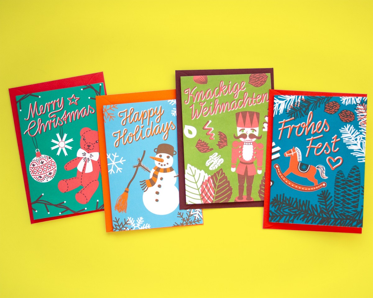 4er Set Weihnachtskarten illustriert // Papaya paper products