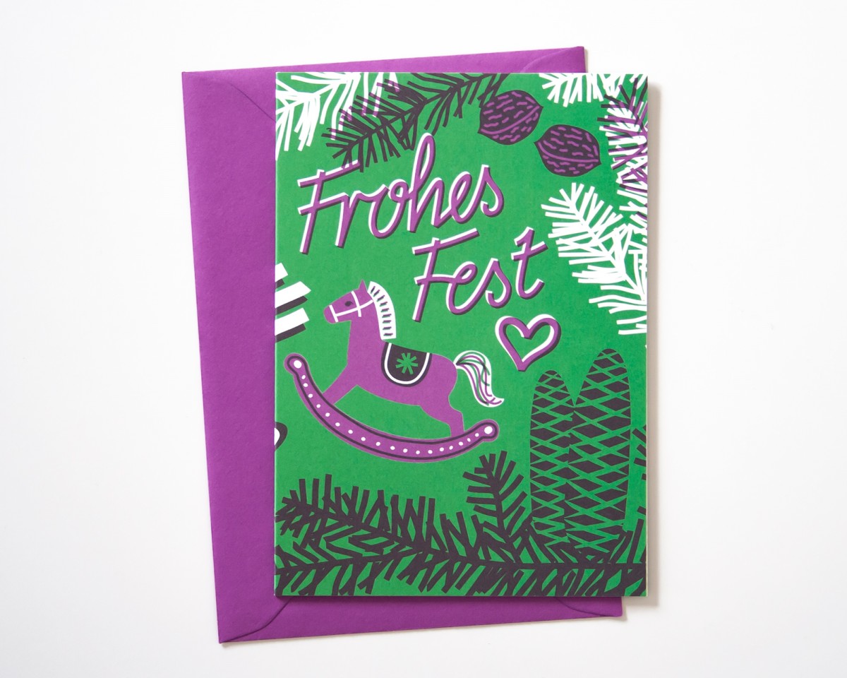 Weihnachtskarte »Frohes Fest« grün/lila // Papaya paper products