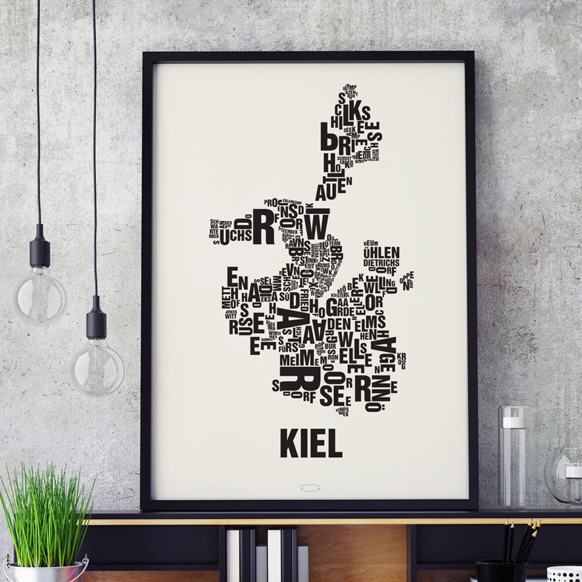 Buchstabenort Kiel Stadtteile-Poster Typografie Siebdruck