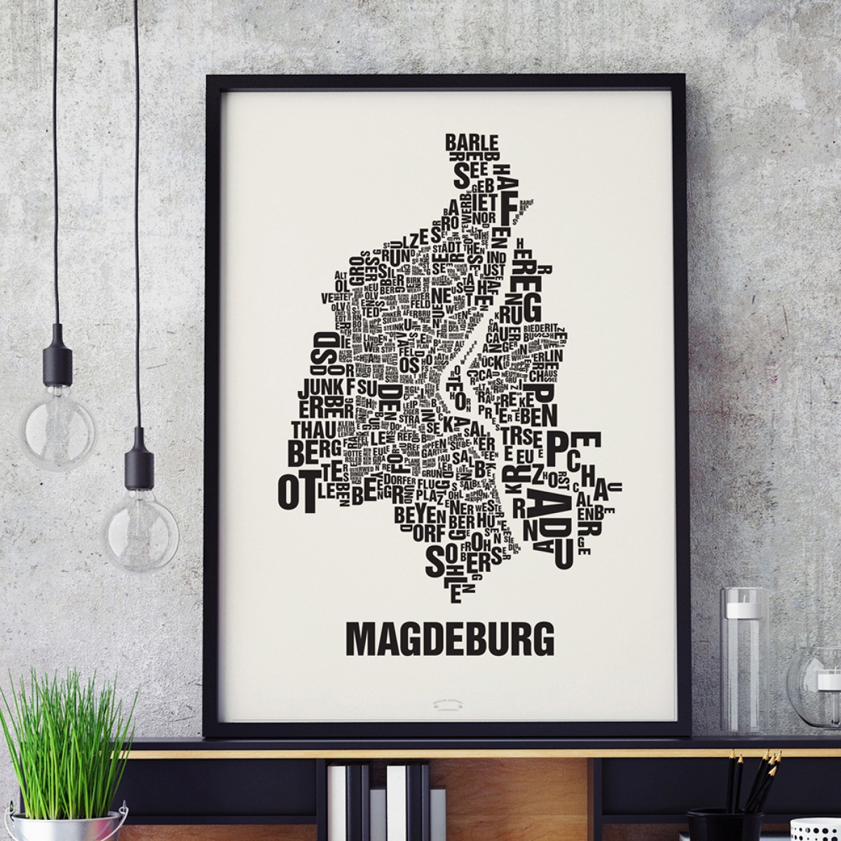 Buchstabenort Magdeburg Stadtteile-Poster Typografie Siebdruck