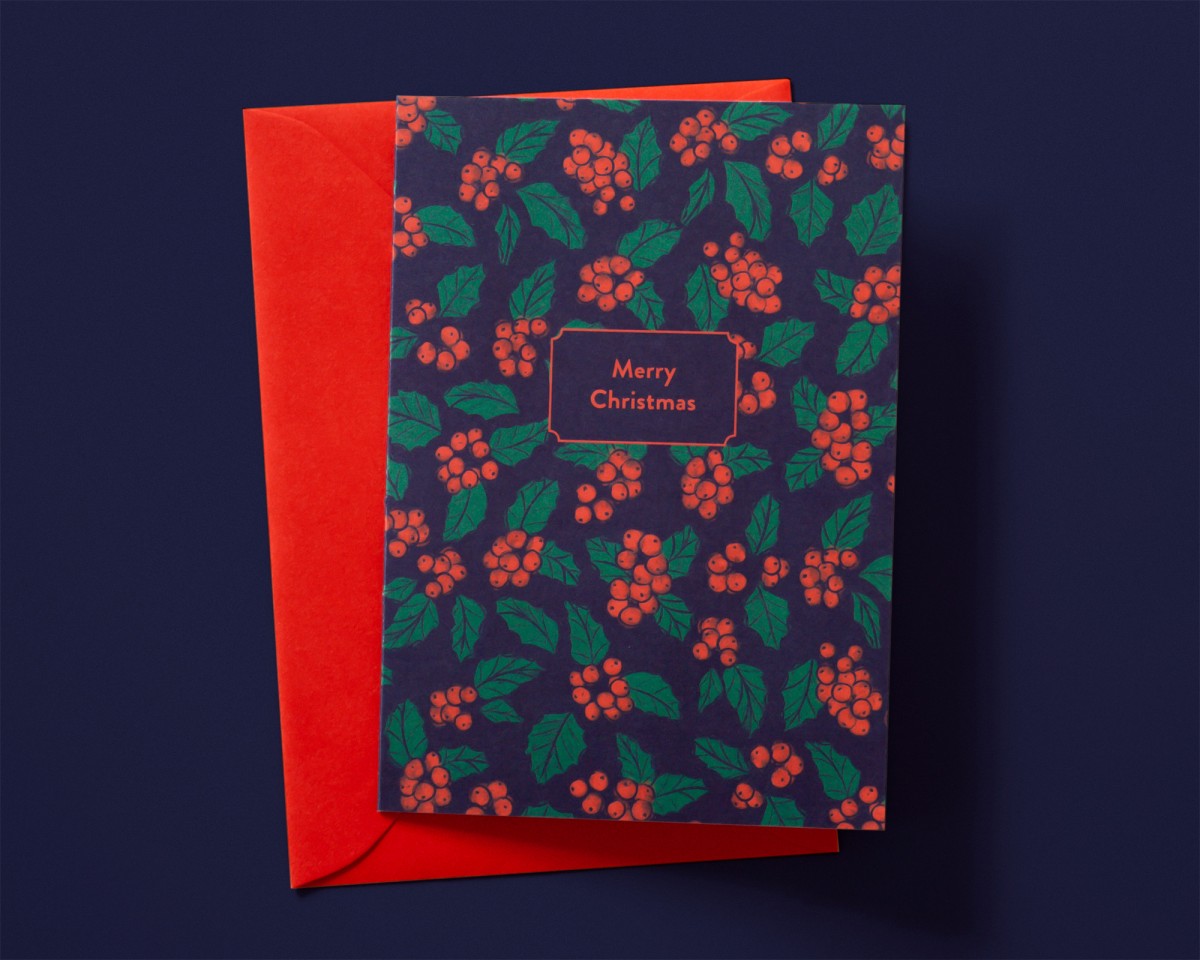 Weihnachtskarte »Merry Christmas« mit Stechpalmen-Muster // Papaya paper products
