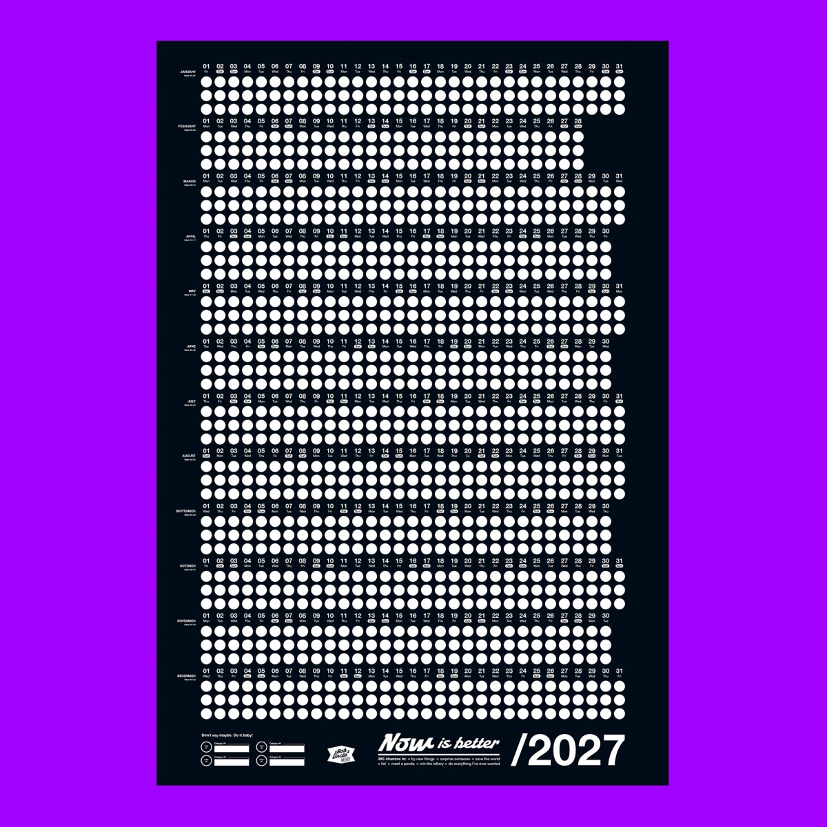 Bob And Uncle Design – Wandkalender – Now Is Better 2027 – Schwarz – 680 x 1000 mm