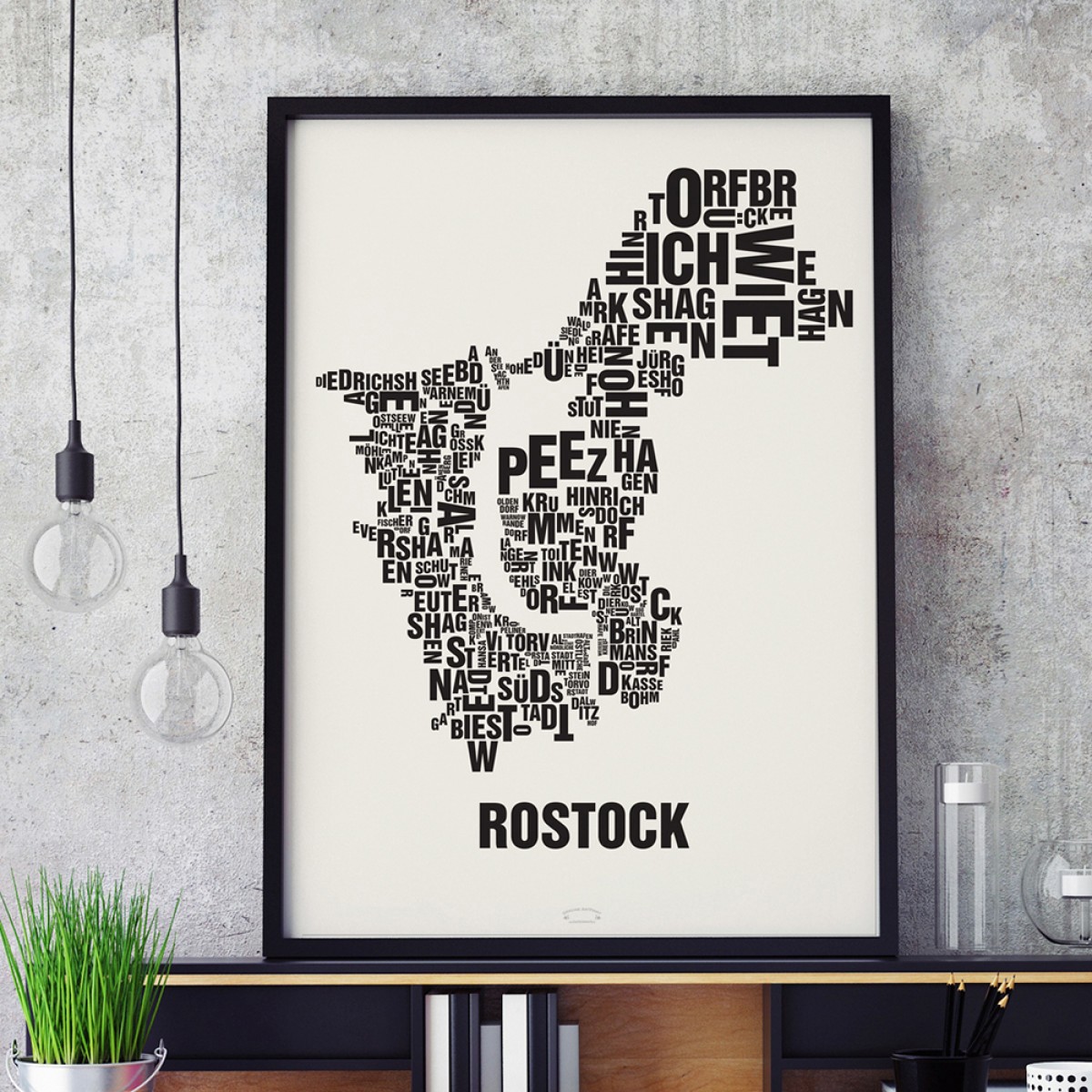 Buchstabenort Rostock Stadtteile-Poster Typografie Siebdruck 