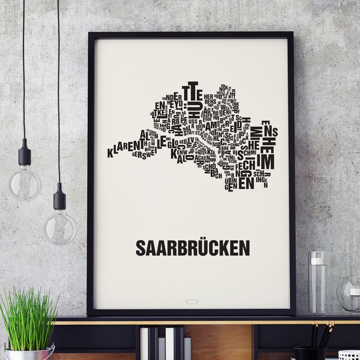 Buchstabenort Saarbrücken Stadtteile-Poster Typografie Siebdruck