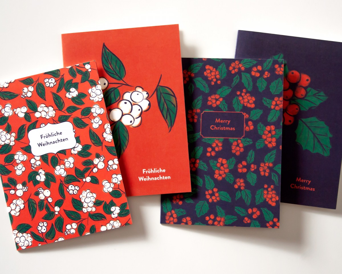 4er Set Weihnachtskarten Schneebeeren & Stechpalme // Papaya paper products