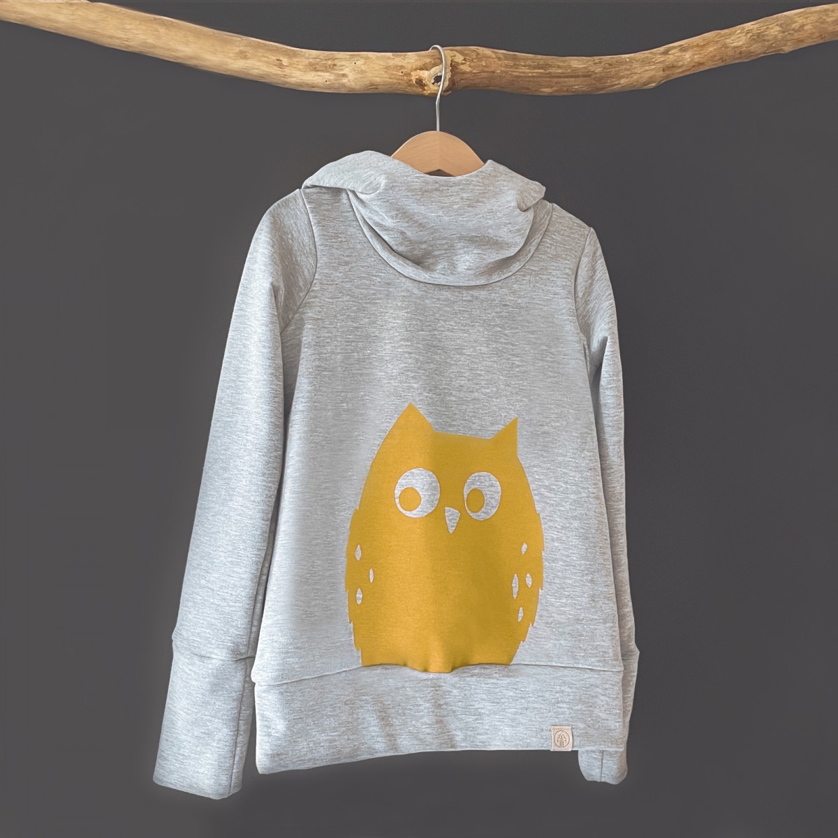 Wunschbrunnen | Kuschelhoodie  "(E)ule" | kids | Grau meliert/Senf