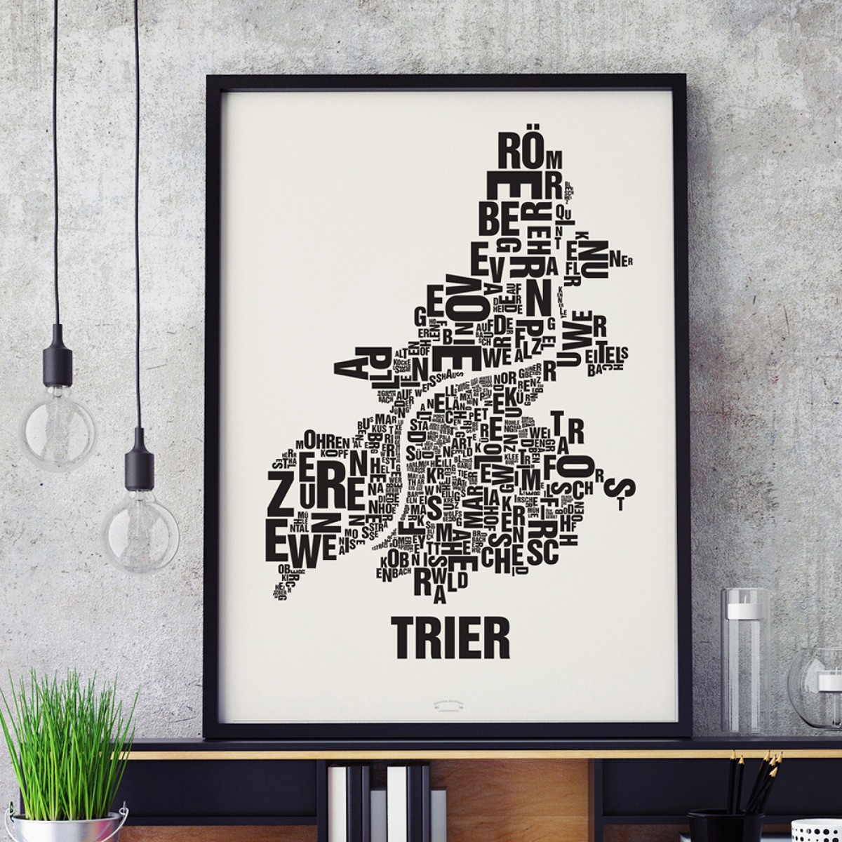 Buchstabenort Trier Stadtteile-Poster Typografie Siebdruck