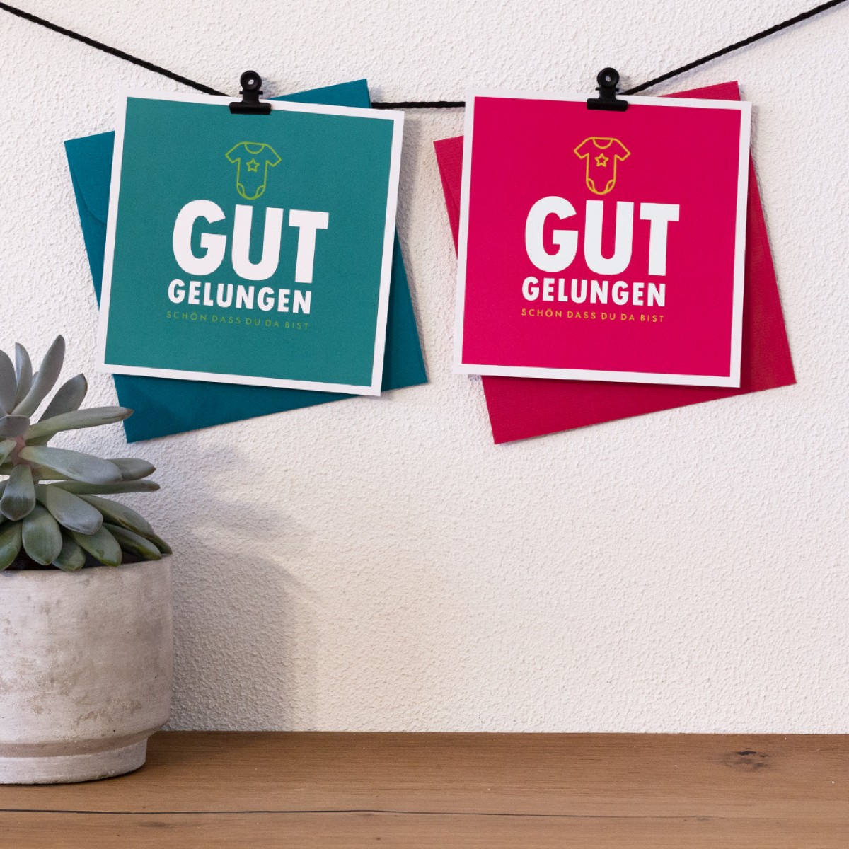 TYPOP 2-teiliges Set Babykarte "Gut gelungen" Türkis + Pink quadratisch inkl. Umschläge