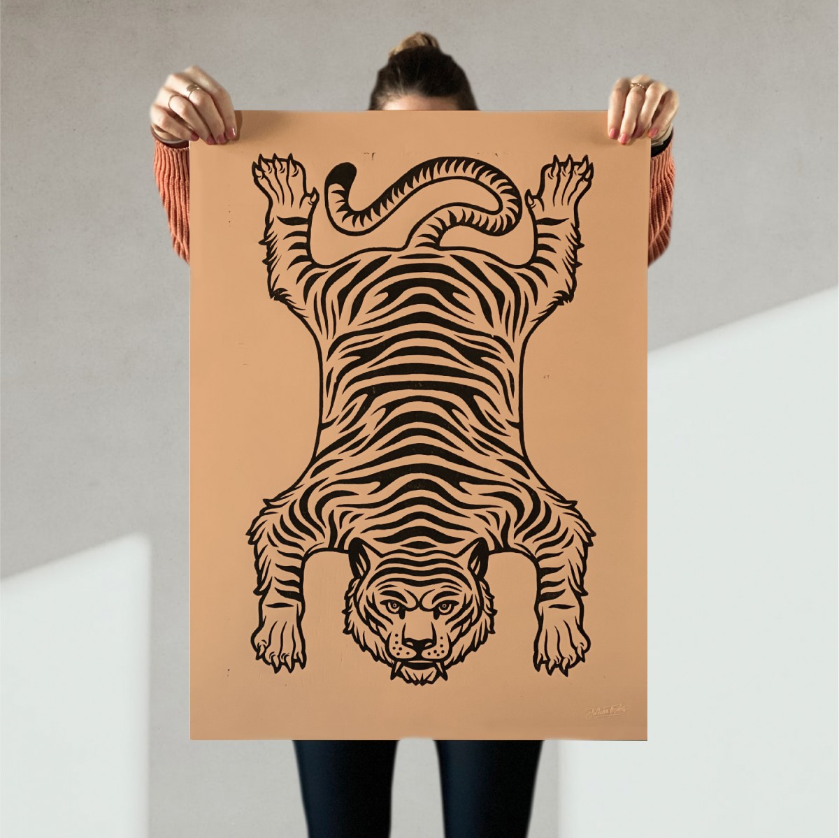 Juliana Fischer - Tiger - Linoldruck, Ocker, 50x65 cm
