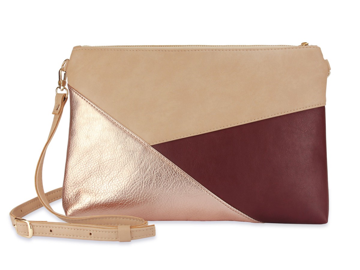 lille mus vegane Geo-Umhängetasche GESINA - Beige/Roségold/Bordeaux aus Kunstleder mit Umhängeriemen