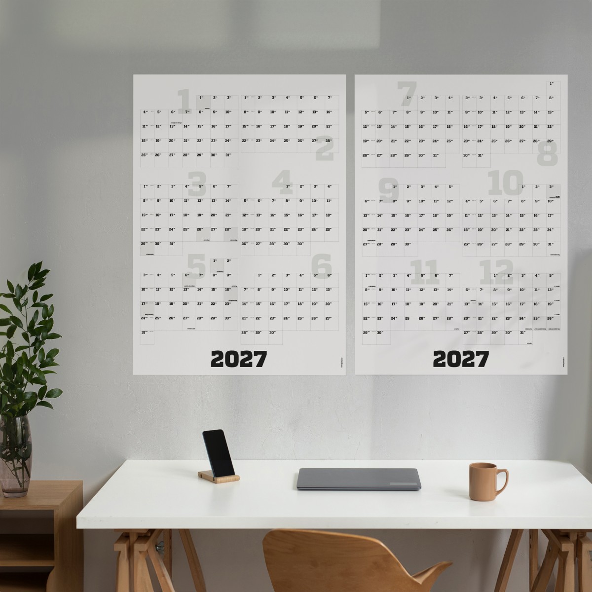 2-teiliger Wandkalender 2027, hoch oder quer, A1, mit passenden Klebezetteln // sperlingB.design