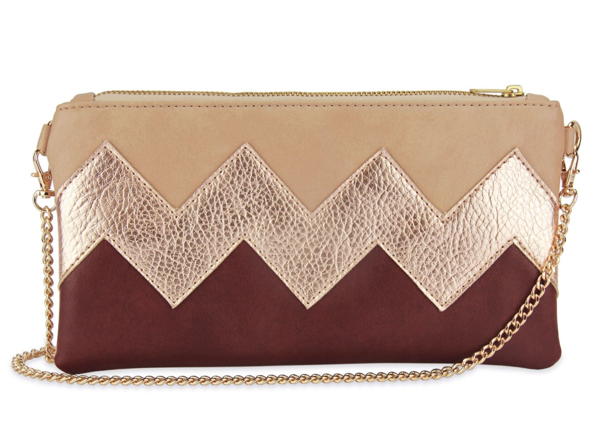 lille mus vegane Zick-Zack-Clutch ZILIA - Beige/Roségold/Bordeaux aus Kunstleder mit Umhängekette