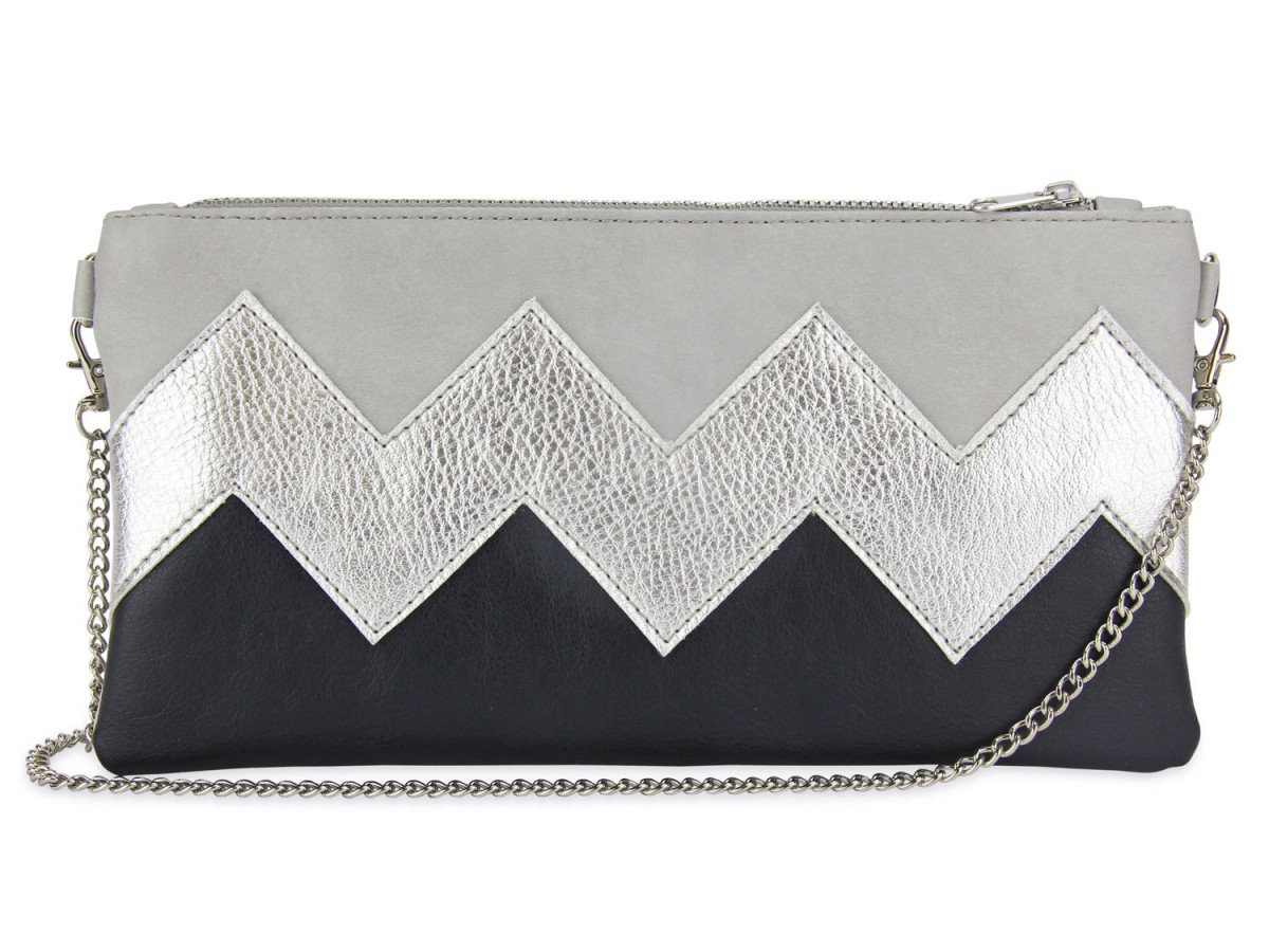 lille mus vegane Zick-Zack-Clutch ZILIA - Grau/Silber/Schwarz aus Kunstleder mit Umhängekette