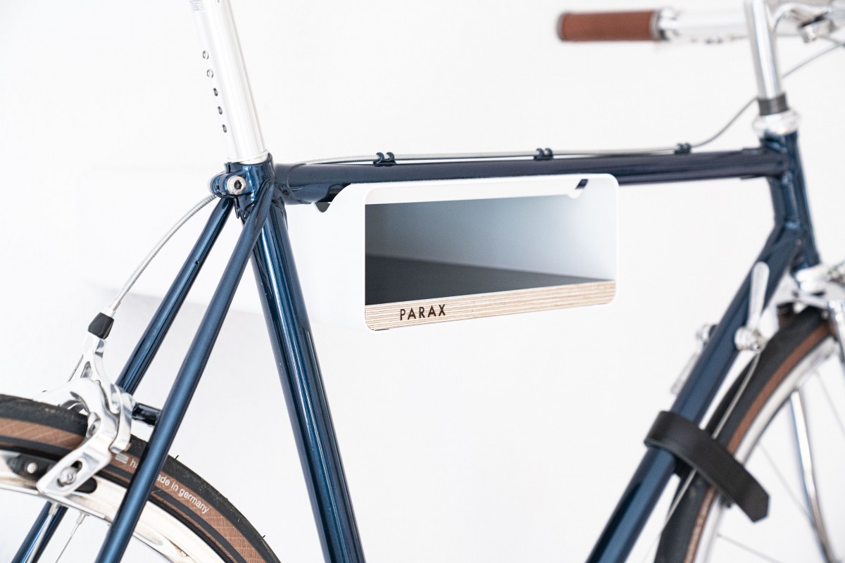 Design Fahrrad-Wandhalterung | PARAX® S-RACK | Weiß mit Holz Schwarz | für Rennrad Hardtail & Cityrad 