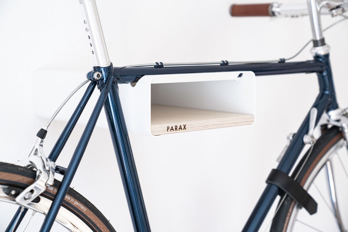 Design Fahrrad-Wandhalterung | PARAX® S-RACK | Weiß mit Birken Holz | für Rennrad Hardtail & Cityrad 