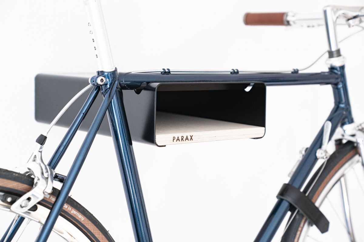 Design Fahrrad-Wandhalterung | PARAX® S-RACK | Schwarz mit Birken Holz | für Rennrad Hardtail & Cityrad