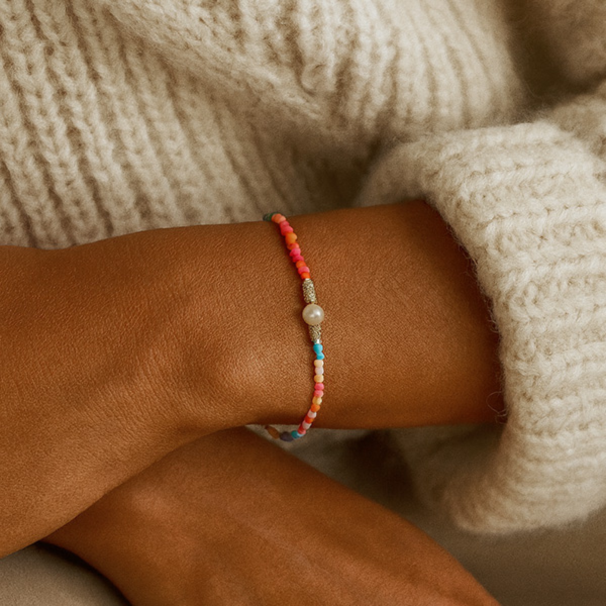 Anoa Buntes Perlenarmband Sterling Silber 14K