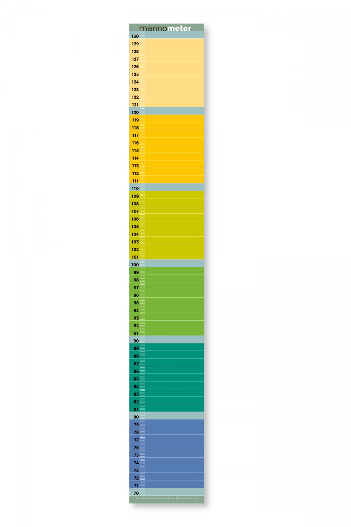 Minimalistische Design-Messlatte „mannometer“ | 70 bis 190 cm | Variante „bunt“ | beidseitig bedruckt | 100% Recyclingpapier | Wi-La-No