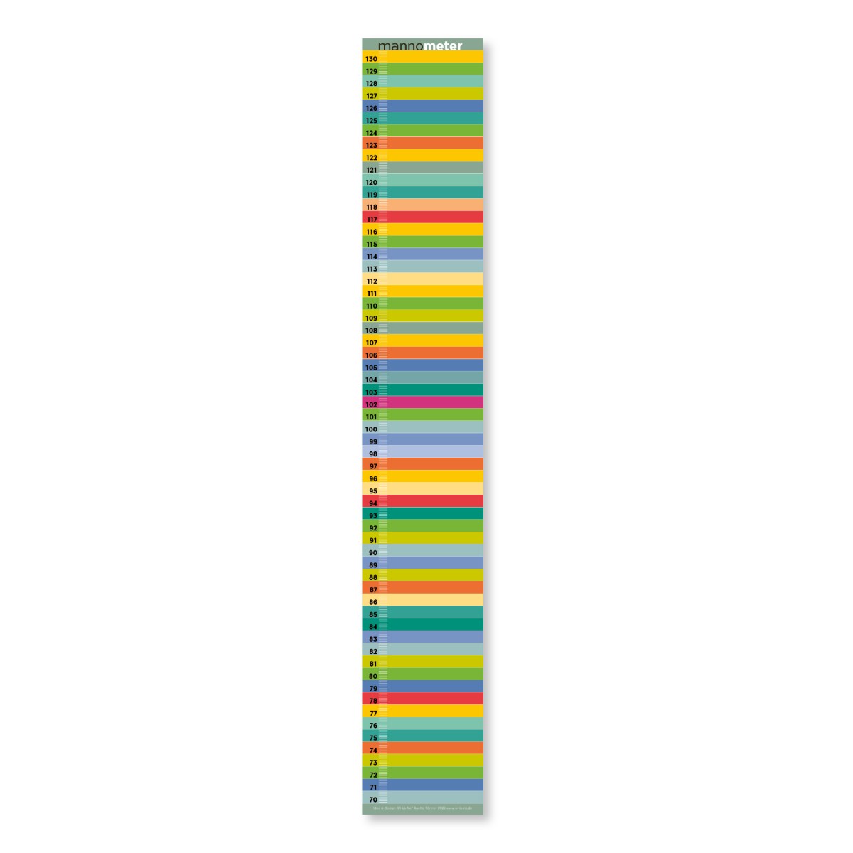 Minimalistische Design-Messlatte „mannometer“ | 70 bis 190 cm | Variante „multicolor“ | beidseitig bedruckt | 100% Recyclingpapier | Wi-La-No