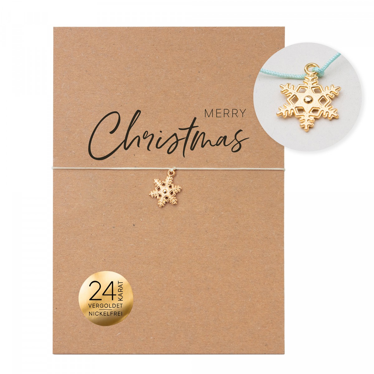 Bow & Hummingbird Schneeflocken Armband 24K vergoldet „Merry Christmas“ – Weihnachtsarmband in Mint oder Creme, kleines Weihnachtsgeschenk