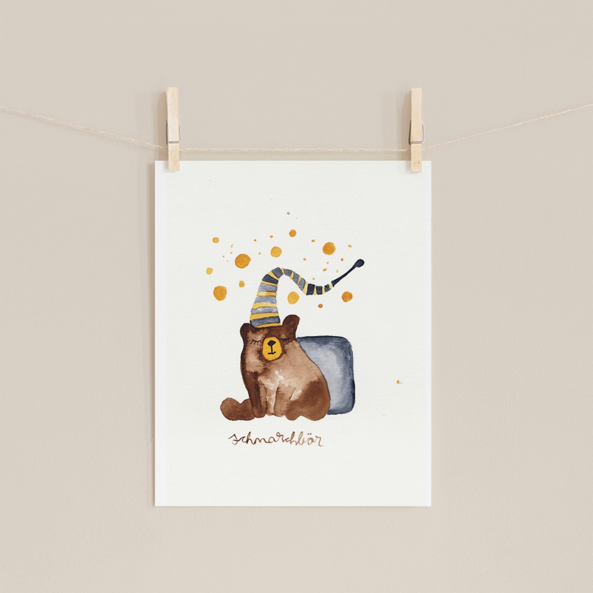 hasenkinder - Aquarell Poster/ Kinderzimmer "Schnarchbär" 18x24cm