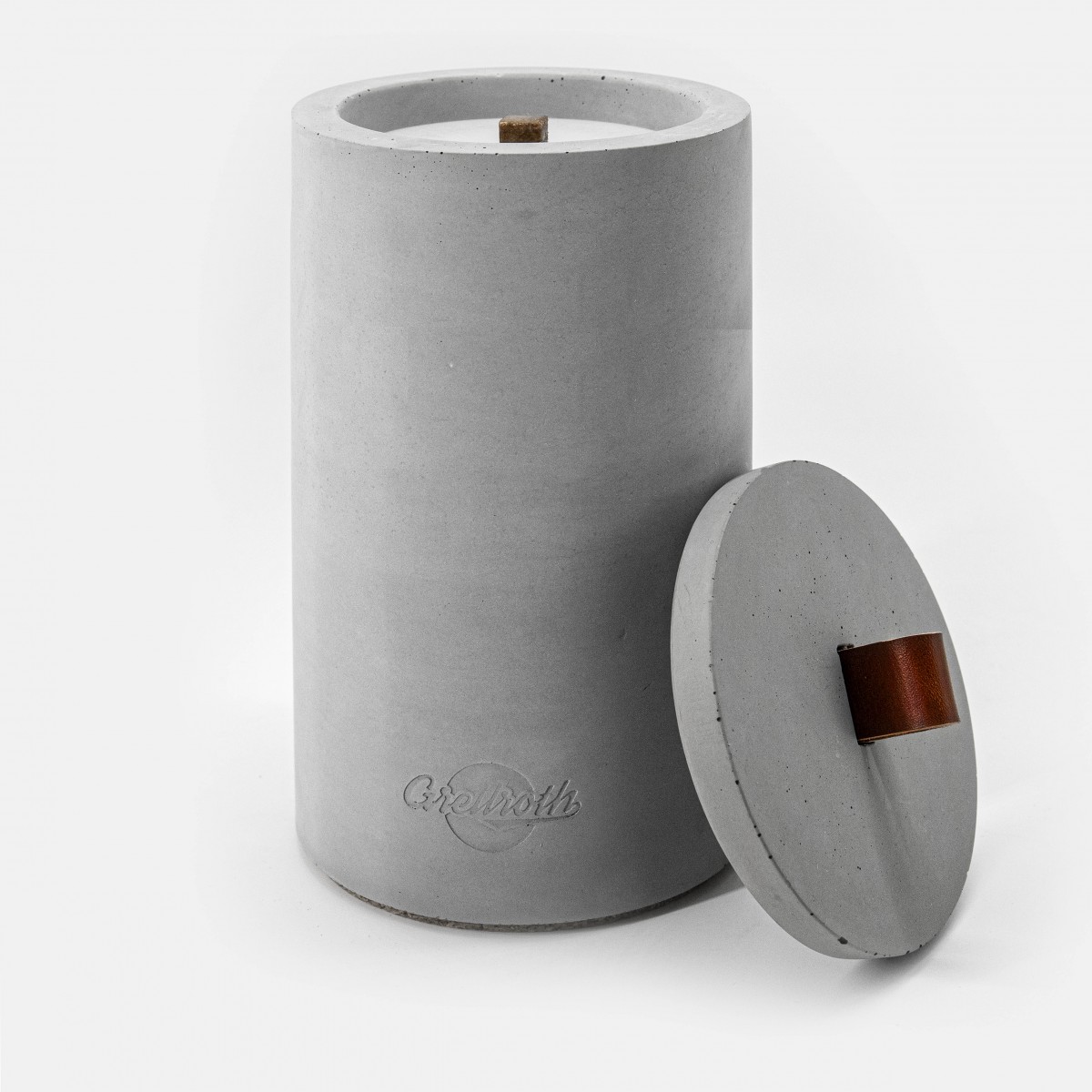 Nachfüllbares Beton-Outdoor-Feuer “LIGHT XL“ – mit Ledergriff Farbe Rot-Braun - Ideal Wachsreste verbrauchen