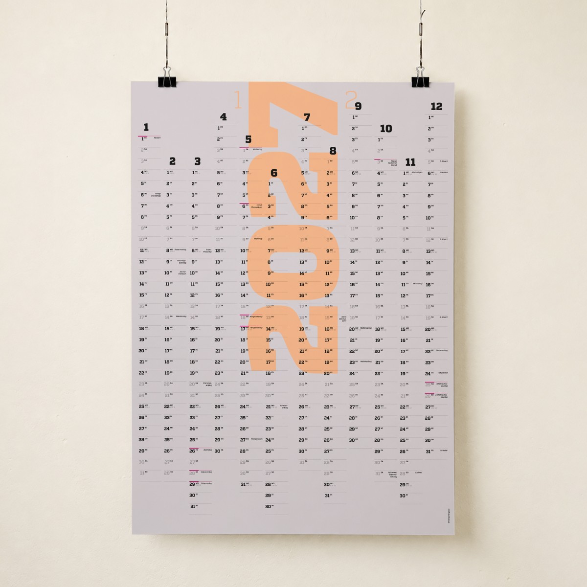 A1-Jahresplaner 2027 und 2028, 2-Jahres-Kalender, Halbjahre abtrennbar, Wandkalender 24 Monate verwendbar, grau // sperlingB.design