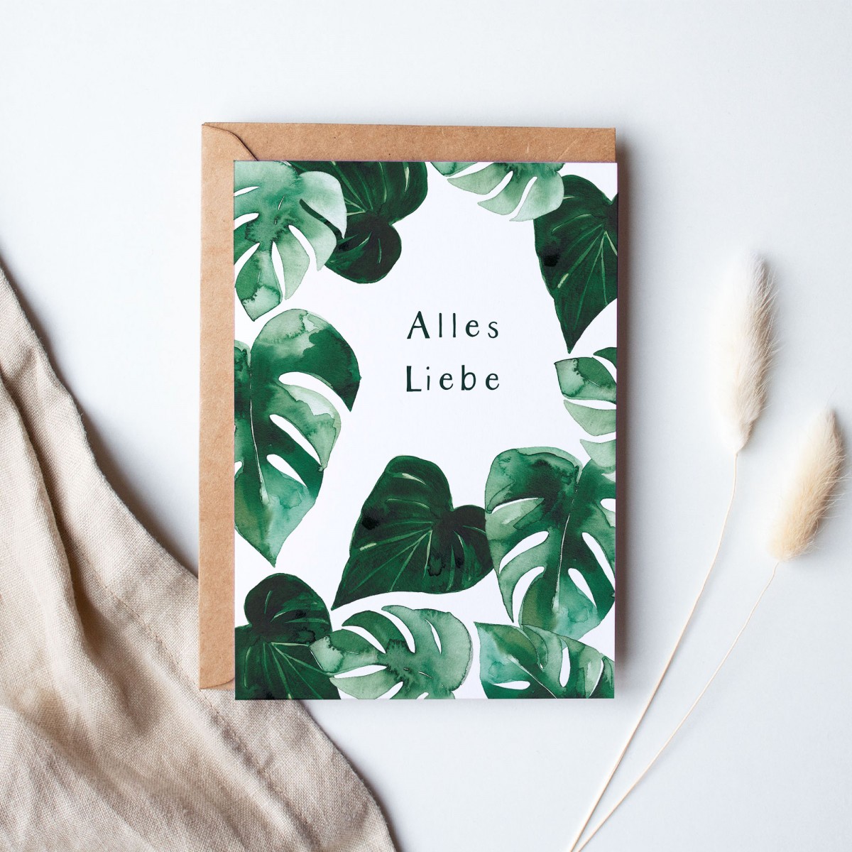 Paperlandscape | Aquarell Grußkarte "Alles Liebe Monstera" | botanische Illustration | Tropische Pflanzen Karte