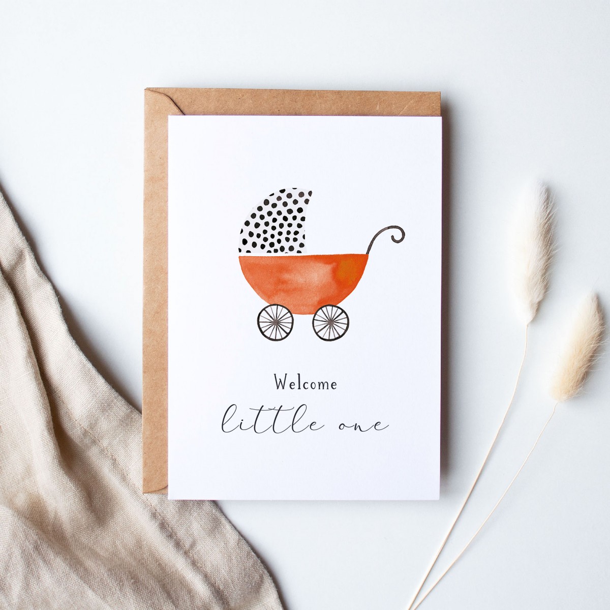 Paperlandscape | Aquarell Glückwunschkarte "Welcome Little One" | A6 Faltkarte | Geburtskarte | Kinderwagen | verschiedene Farben