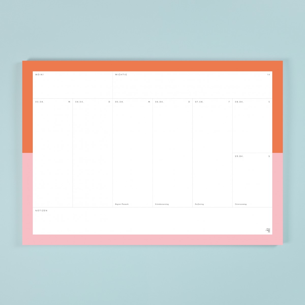 Kalender (No. 20) / A4 Wochenplaner mit Daten & Feiertagen ab sofort / frau rippe