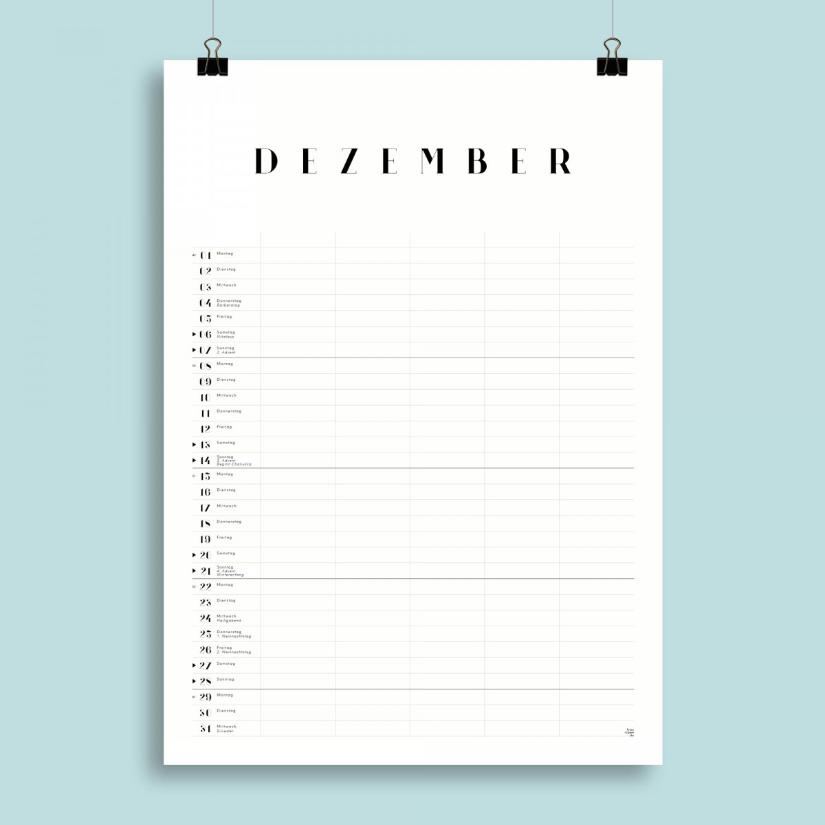 A3 Familienplaner Nr. 01 / 5 Spalten / ab sofort / frau rippe