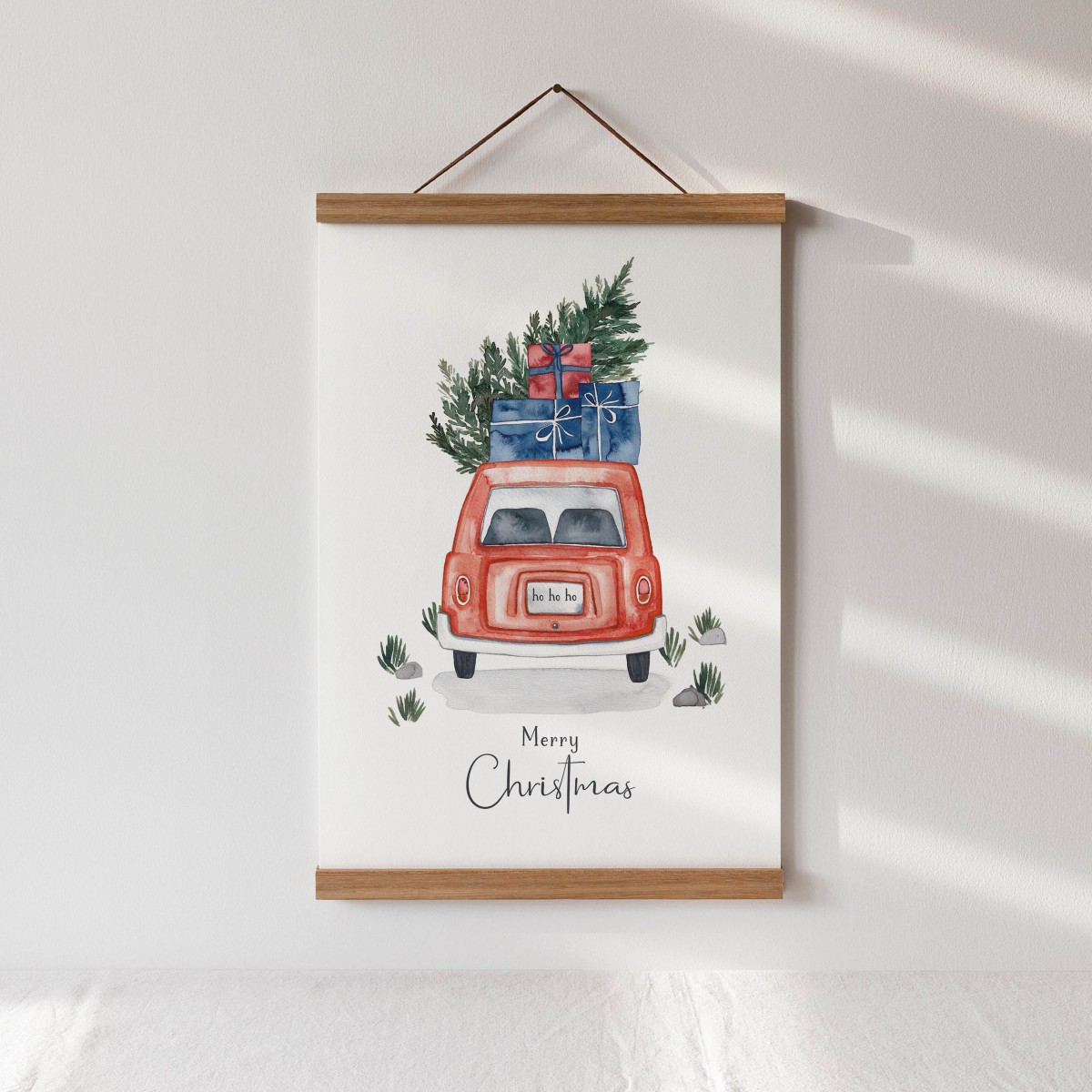 Paperlandscape | Aquarell Kunstdruck "Auto mit Geschenken" Weihnachtsposter | verschiedene Größen