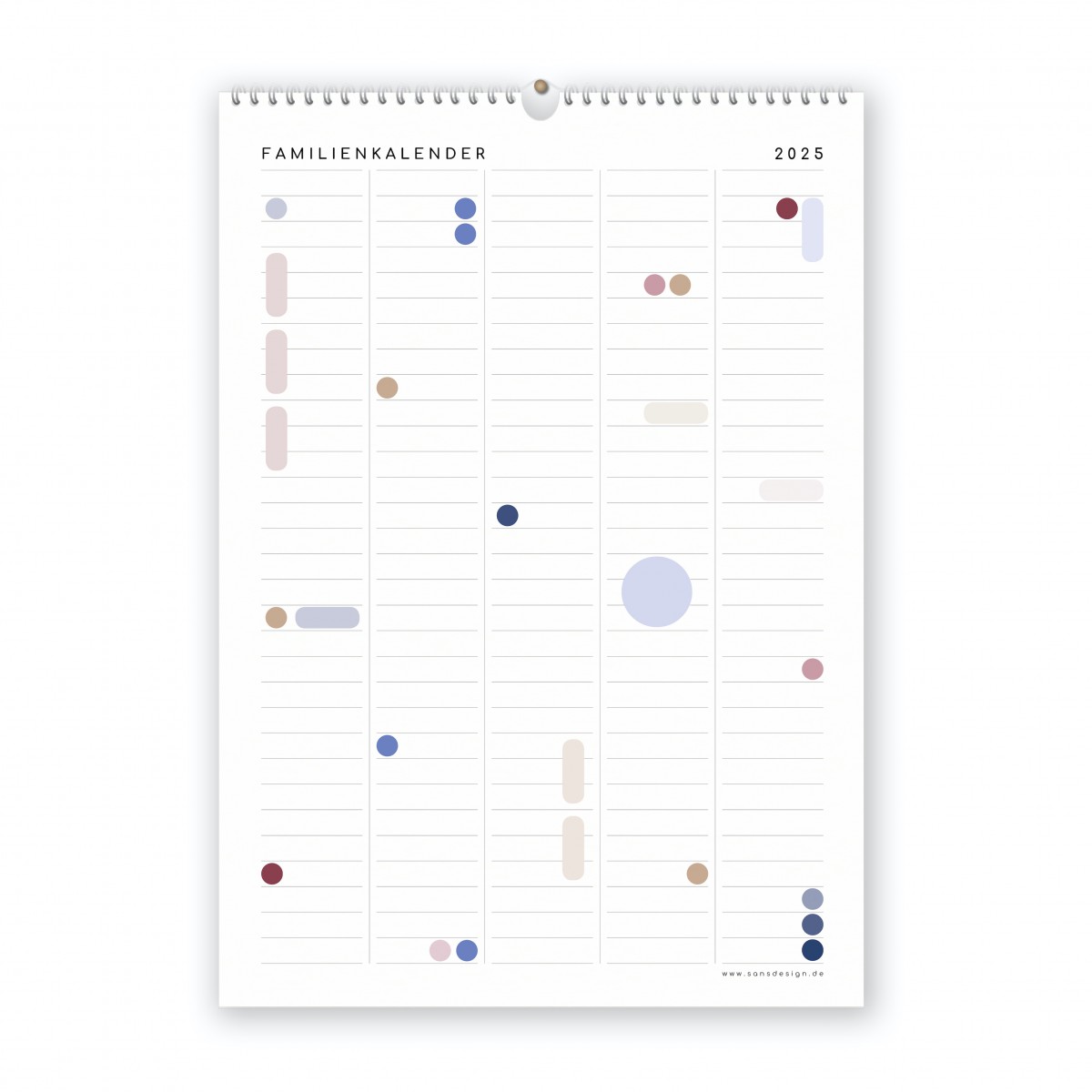 Familienkalender 2025, DIN A3 mit 5 Spalten, Kalender mit Aufklebern - SANS.