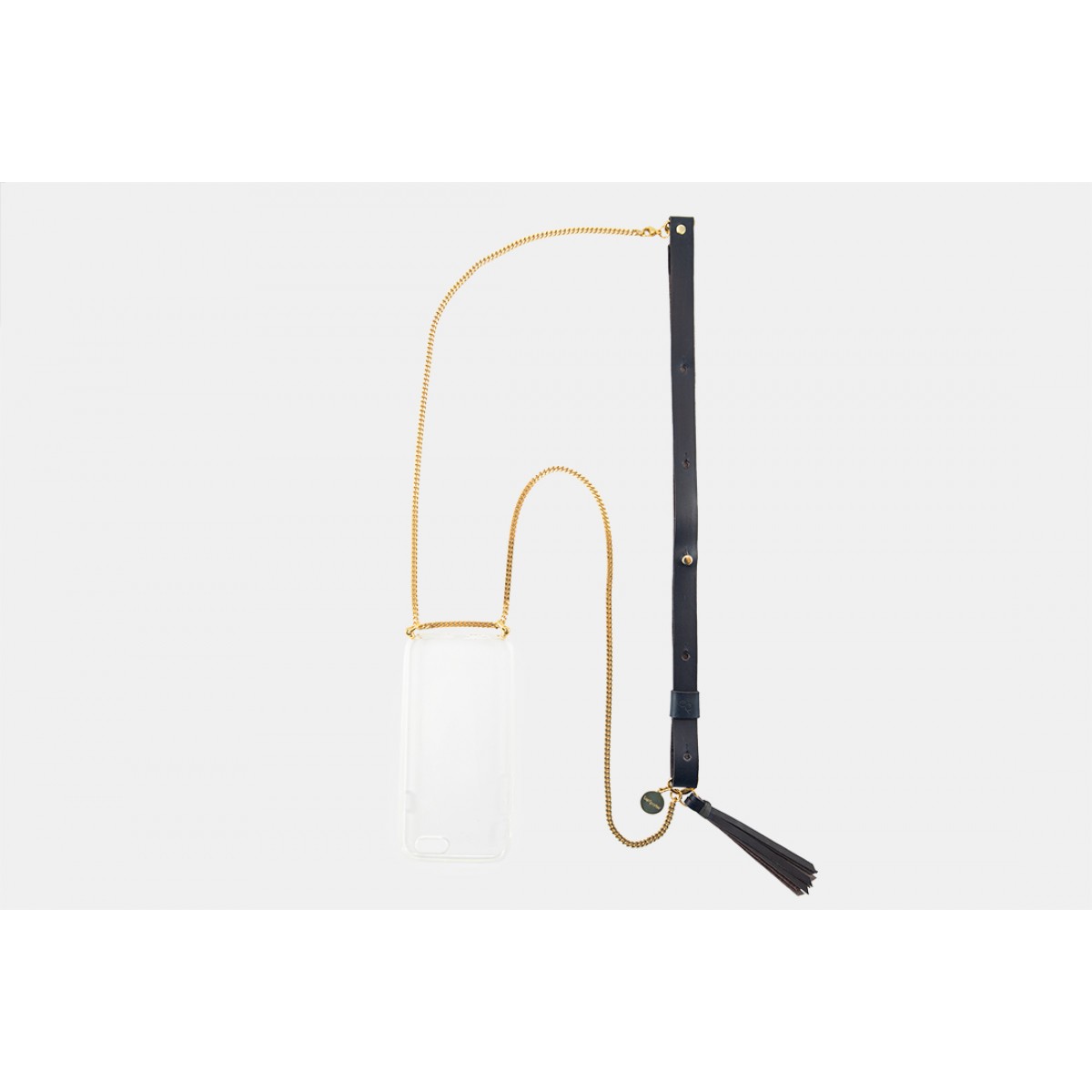 Lapàporter – iPhone Handykette aus Metall mit Lederriemen und abnehmbarer Tasche, dunkelblau/gold