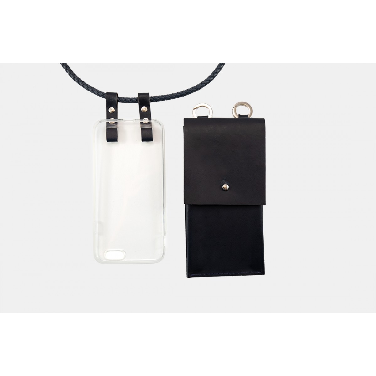 Lapàporter – iPhone case zum Umhängen mit geflochtener Lederkordel und abnehmbarer Tasche, dunkelblau/silber