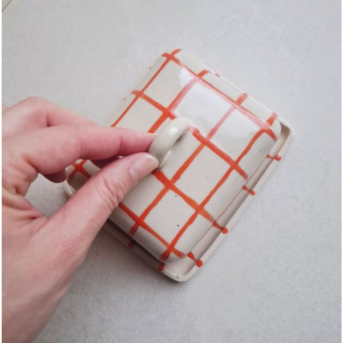 Skelini - Keramik Butterdose handgemacht orange mit Henkel rund