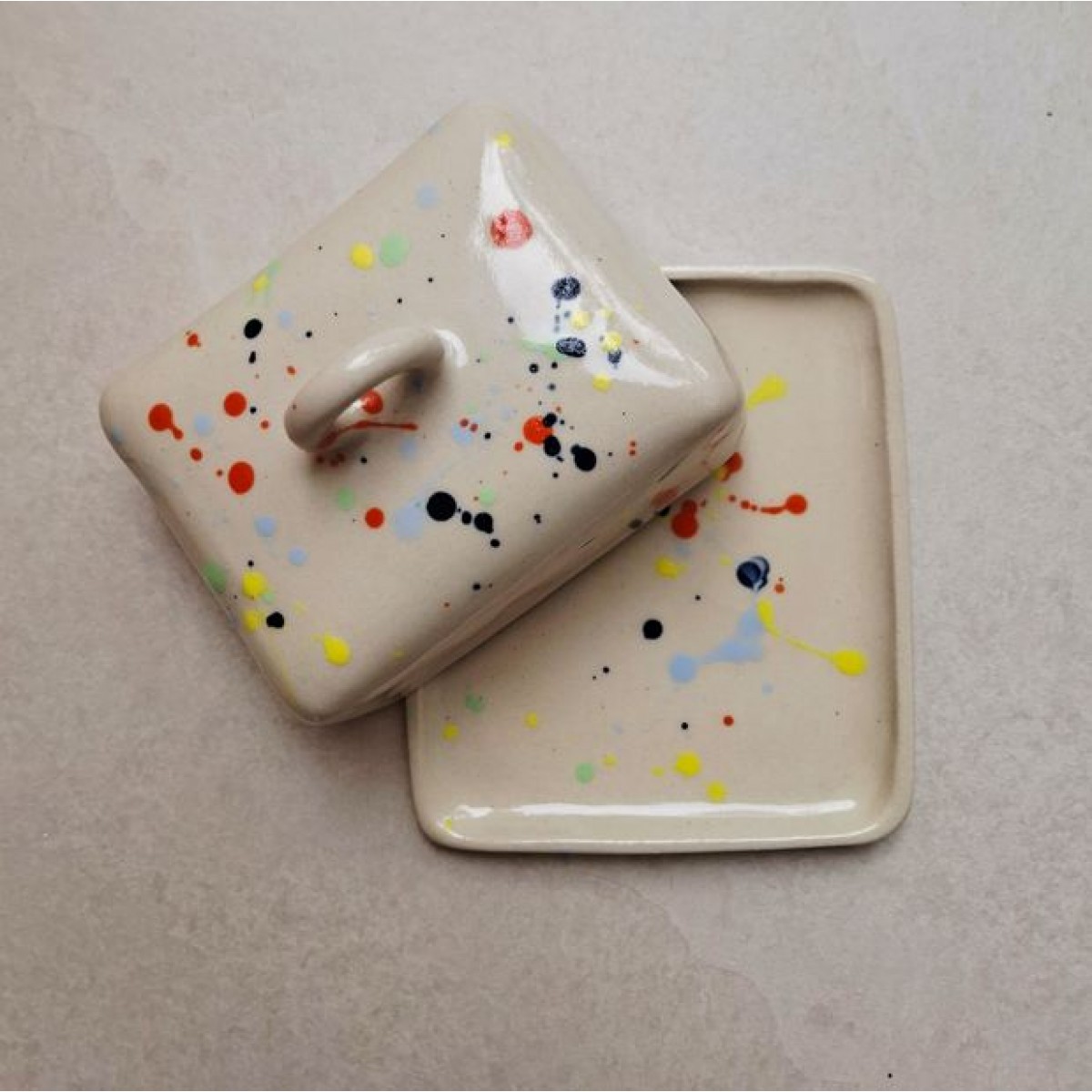 Skelini - Keramik Butterdose handgemacht bunt mit Henkel