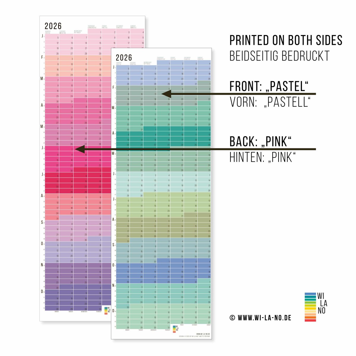 Wandkalender 2026 „Pink-Rosé-Violett“ Jahresplaner | Limited Edition | 100% Recyclingpapier | Deutsch-Englisch | Rückseite „Pastell-Türkis“