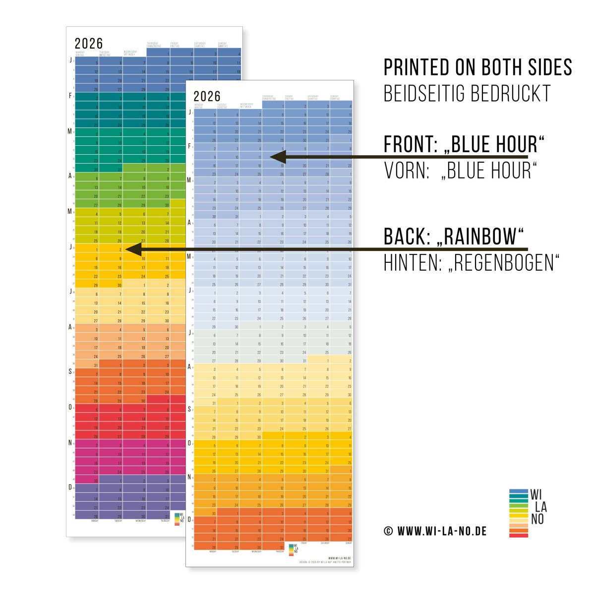 Wandkalender 2026 „Blue Hour“ Jahresplaner | Limited Edition | 100% Recyclingpapier | Deutsch-Englisch | Rückseite „Regenbogen“