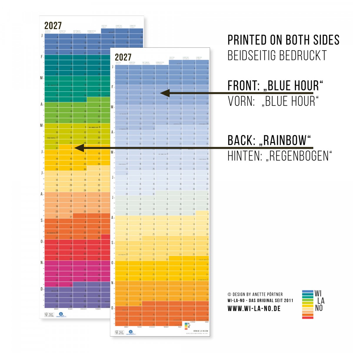 2027 Wandkalender „Regenbogen“ - Das Original von Wi-La-No | beidseitig bedruckt | Jahresplaner 2027 | Limited Edition | 100% Recyclingpapier 