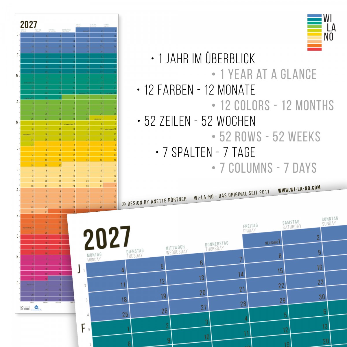 2027 Wandkalender „Regenbogen“ - Das Original von Wi-La-No | beidseitig bedruckt | Jahresplaner 2027 | Limited Edition | 100% Recyclingpapier 
