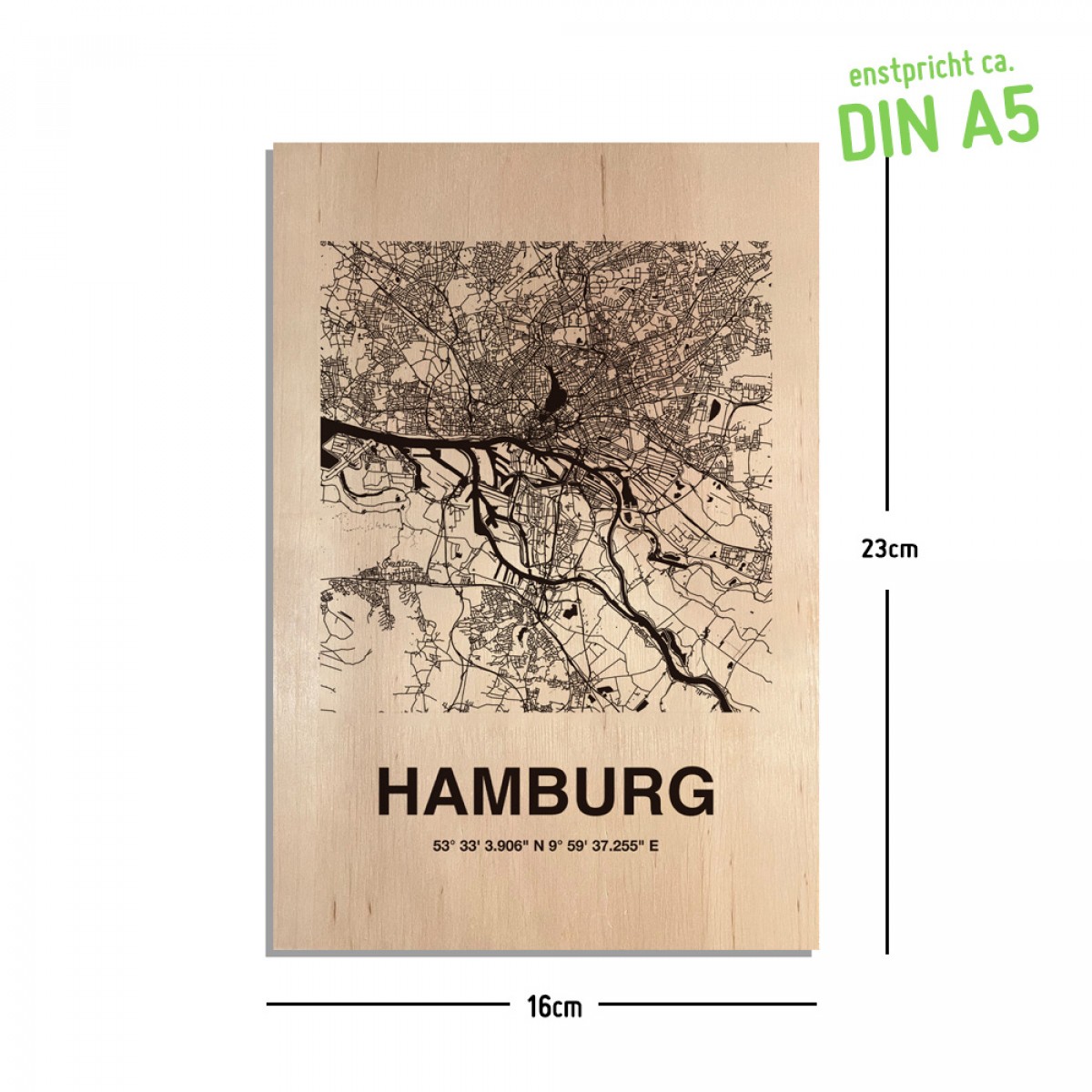 Stadtliebe® | Hamburg Holz Gravur „Stadtplan“ A4 oder A5