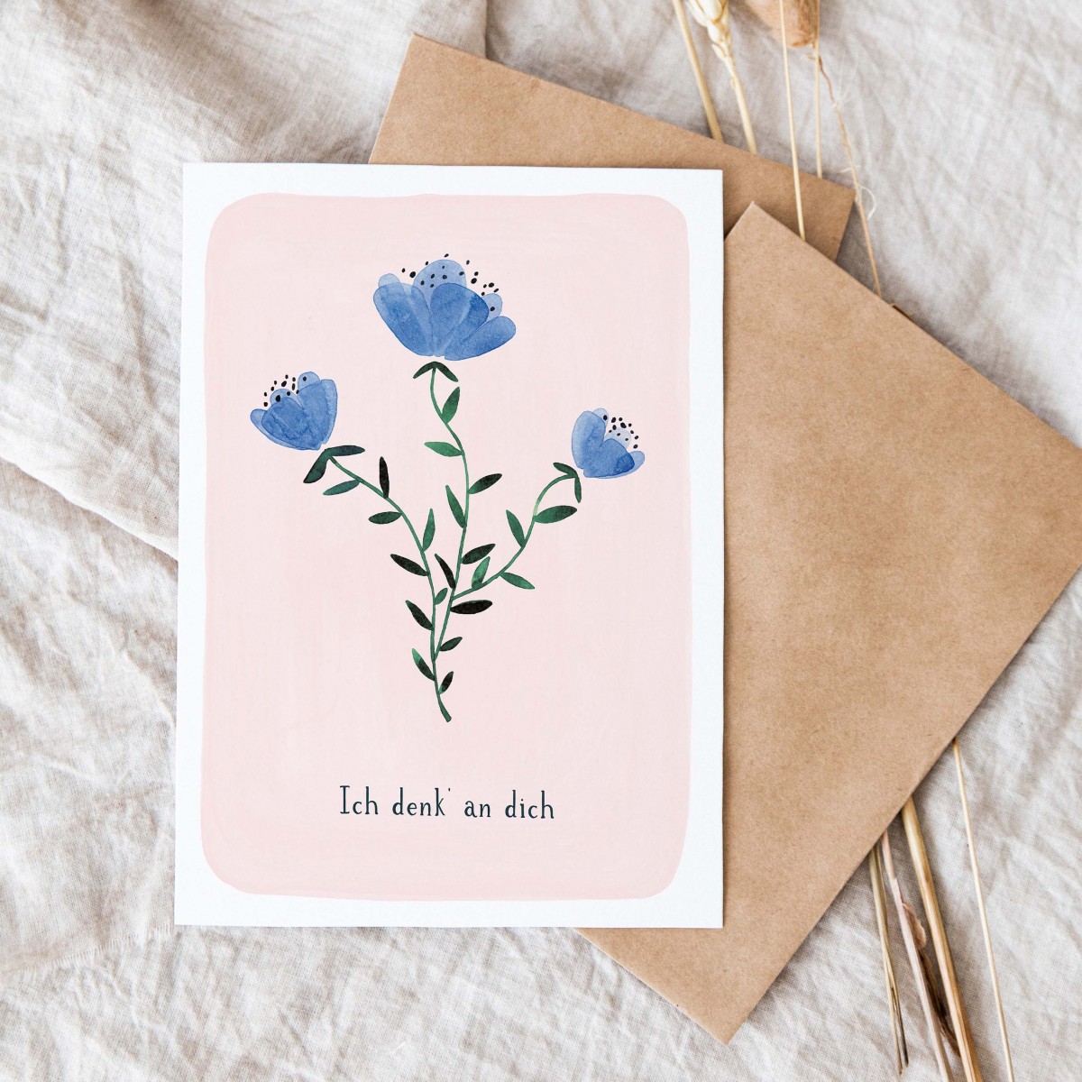 Paperlandscape | Faltkarte "Ich denk' an dich" | botanisch | Pflanzen | Aquarell Wildblume blau