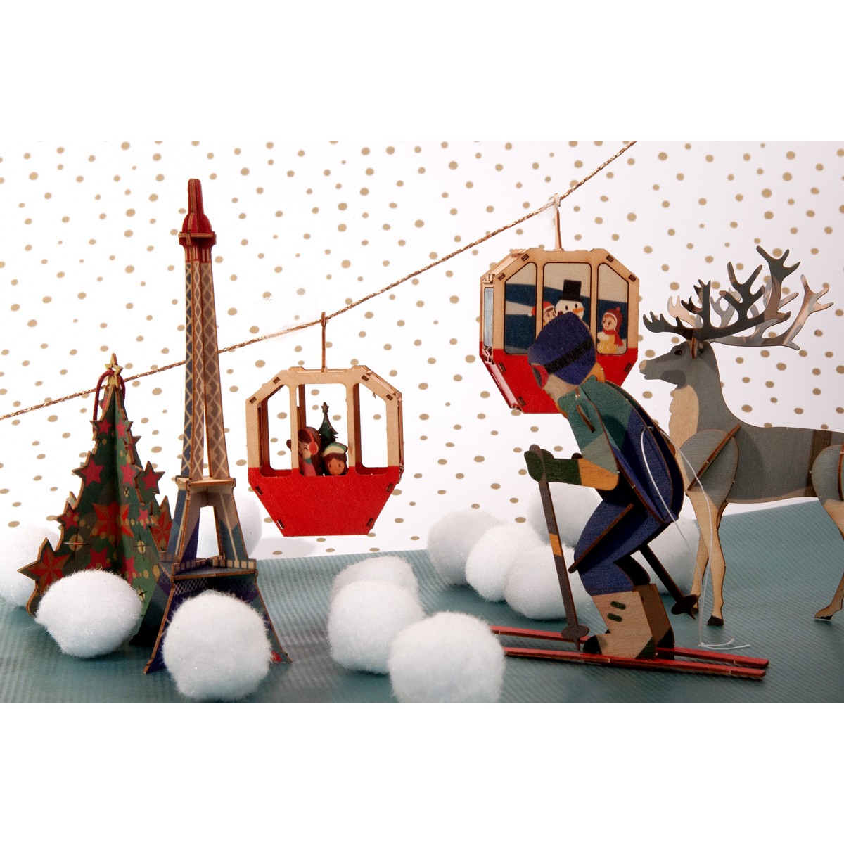 3  x Holzbastelkarte: Gondel, Rentier, Skifahrer