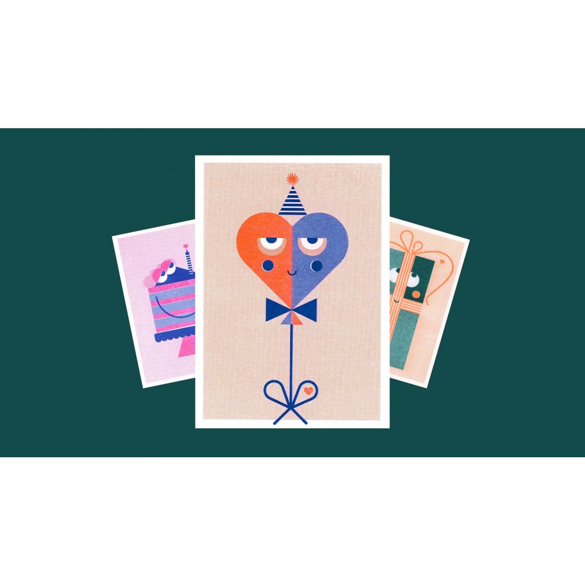 3 Geburtstagskarten Grußkarten / verschiedene Motive / Risographie / neon orange + pink + wald grün + blau