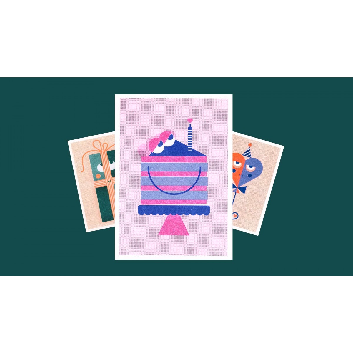 3 Geburtstagskarten Grußkarten / verschiedene Motive / Risographie / neon orange + pink + wald grün + blau
